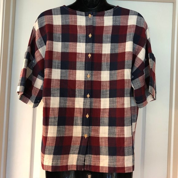 NWOT ZARA Crop Wide Cut Buffalo Plaid Linen Top XS - Picture 2 of 5